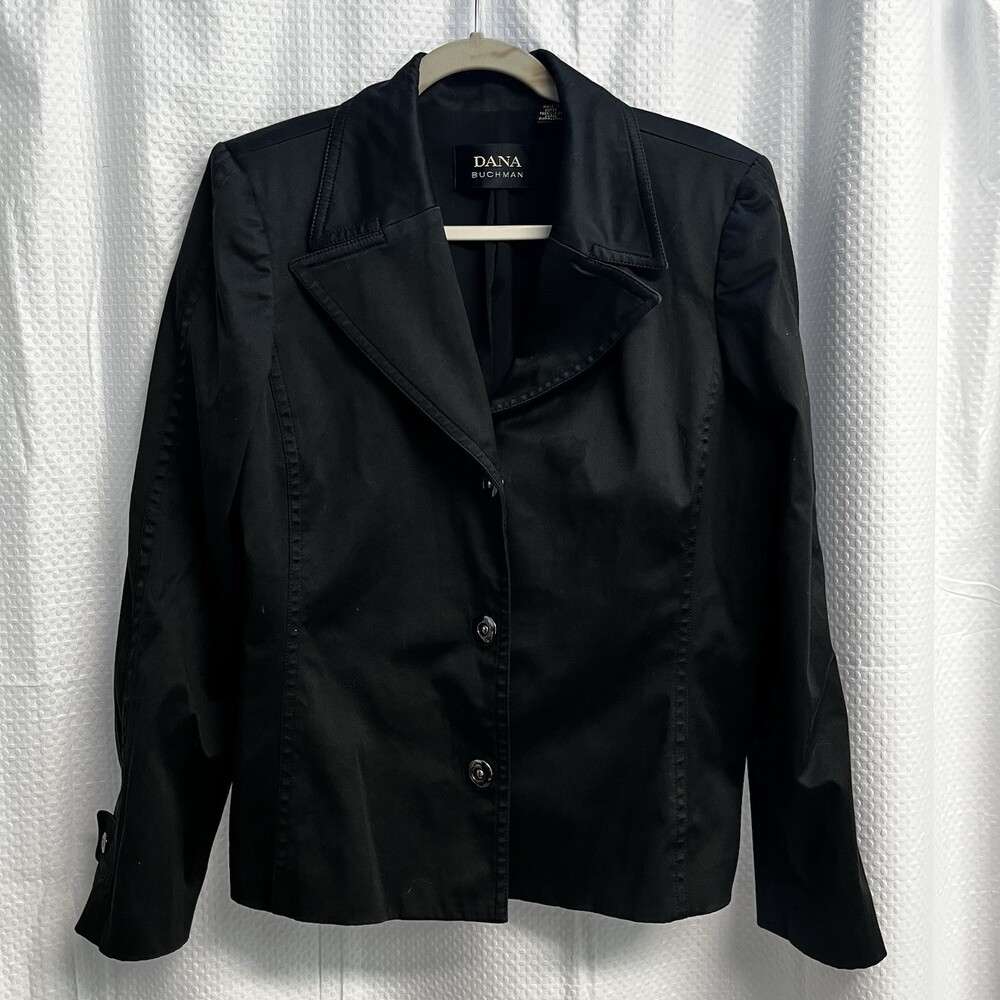 Vtg Dana Buchman Black Gunmetal Snap Front Jacket 12 Gothic Classic